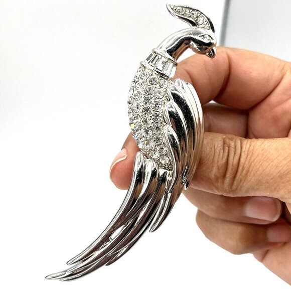 Vintage MONET Figural Bird of Paradise Baguette Rhinestone Silver Tone Brooch 4" - Picture 9 of 10